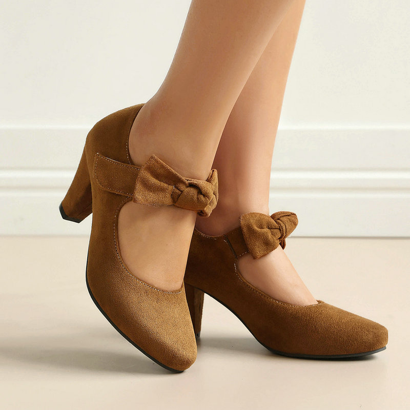 Women'S Xti Shoes - レディースヴィンテージボウメリージェーンシューズ フェイクスエードブロックヒールパンプス シックなボウ7cm レトロアンクルフック ハイヒール 大きいサイズ