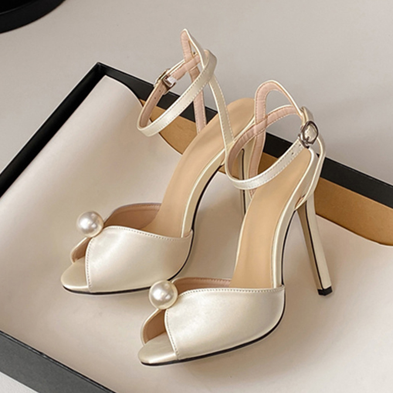 Women Shoes Ysl - Liyke 高品質居心地の良いシルクピープトウ 11 センチメートル薄型ヒールグラディエーターサンダル女性のファッションパールデザイナーの靴アンクルストラップ Sandalias