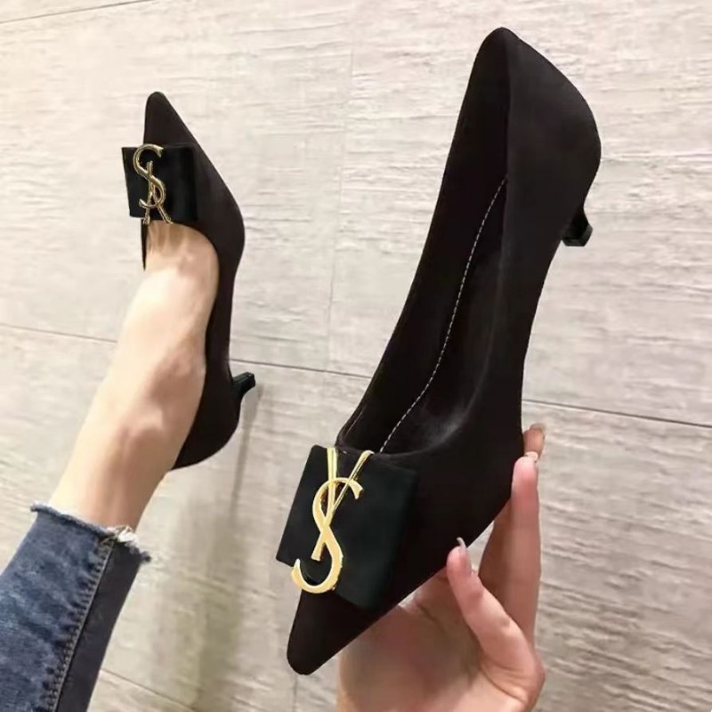 Women Shoes Ysl - 2023 新韓国語バージョンのメタルバックルデザインスエード浅い口尖ったフラット/厚い/ローヒール底黒の高級靴女性