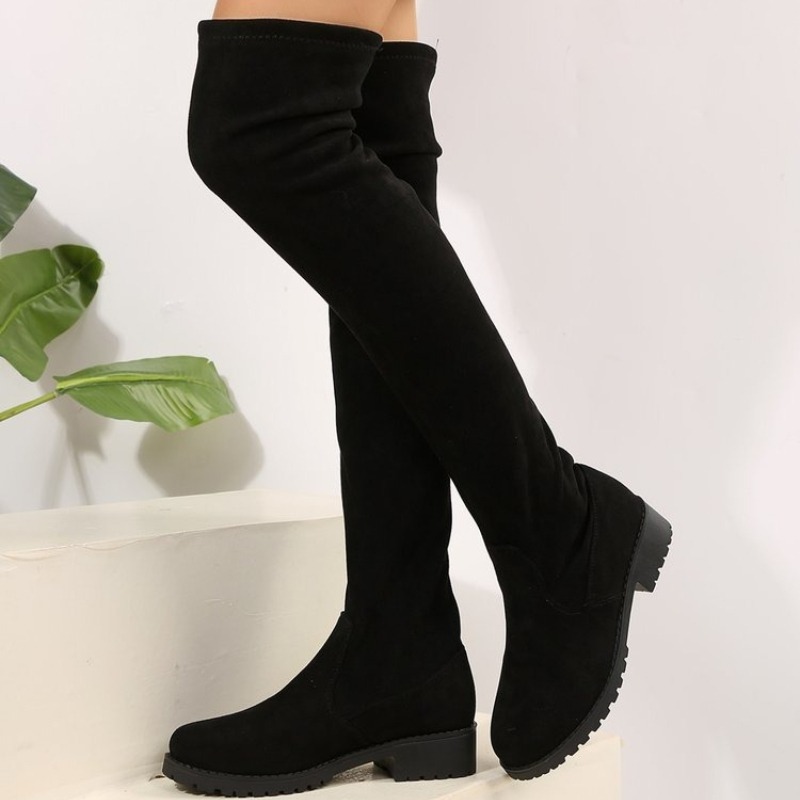 Sock Boot Women - 女性用ニーハイブーツ、太もも丈ストレッチスエード風素材、フラットローヒール、ラウンドトゥ、秋冬カジュアルスリッポンシューズ