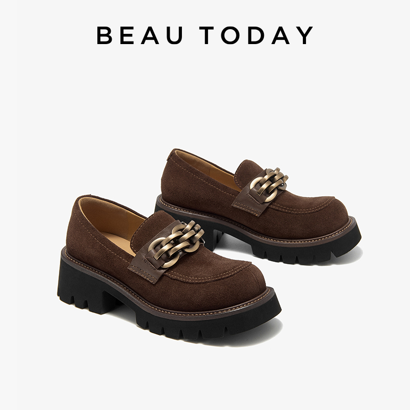 Women Shoes Ysl - Beautzen-女性用ヴィンテージカウスエードローファー、ゴールドメタルチェーン付きレザーシューズ、手作り、26656