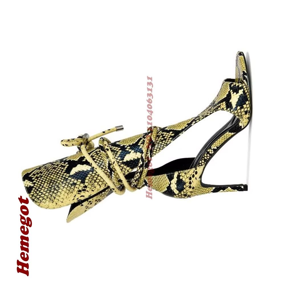 Women'S Shoes Yellow - イエロースネークプリントグラディエーターサンダル、ピープトウ、ラップレースアップ、中空サイド、細いスティレットヒール、ウエスタンハイヒールブーティ、スプライシングシューズ