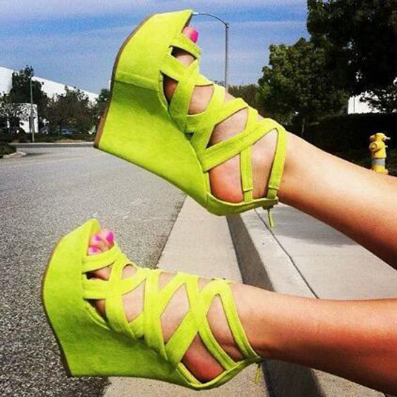 Women'S Shoes Yellow - 明るい黄色のスエードカットアウト中空プラットフォームウェッジサンダルバックジッパーハイヒールケージサマーサンダル女性ヒールシューズ