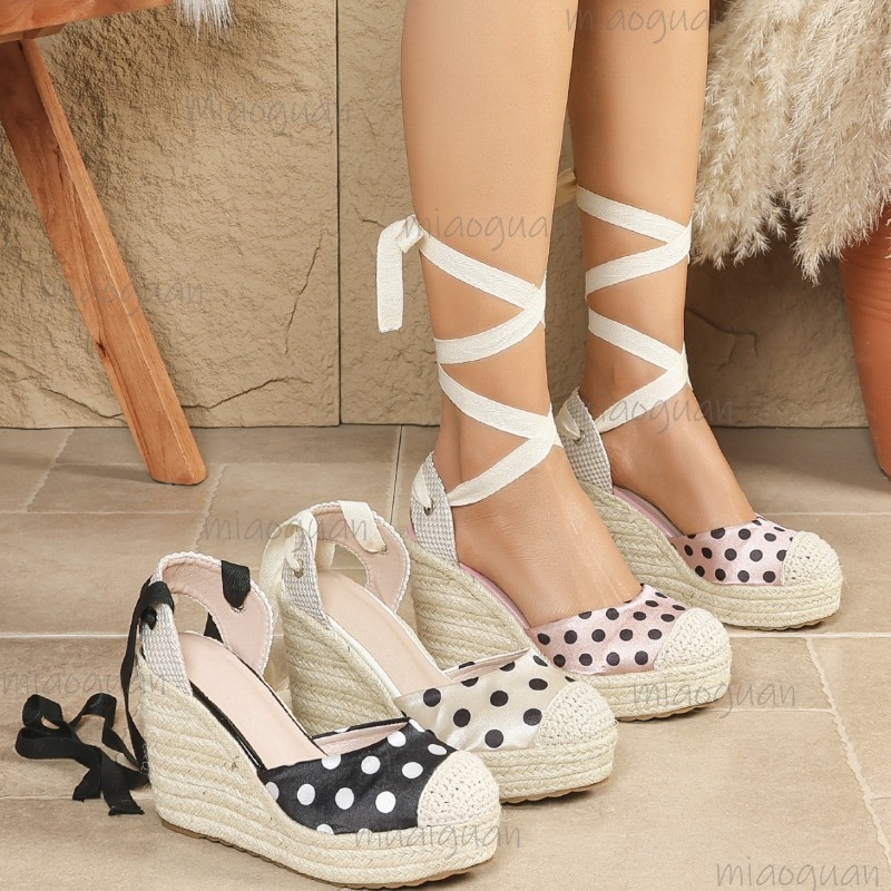 Espadrille Wedge Shoes - 2026年春夏新作 レディース ドット柄 エスパドリーユ ウェッジサンダル 編み込み麻プラットフォームシューズ