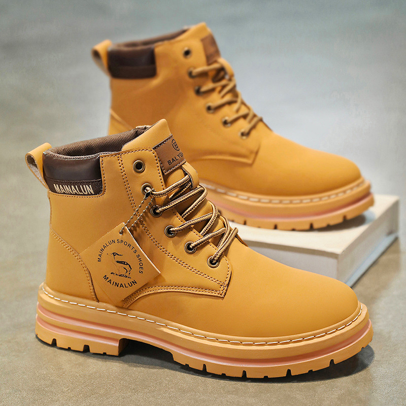 Suede Ankle Boot - クラシックメンズハイカットブーツ高品質イエローレザーブーツファッションアウトドアスニーカーメンズレースアップ滑り止めアンクルブーツメンズ