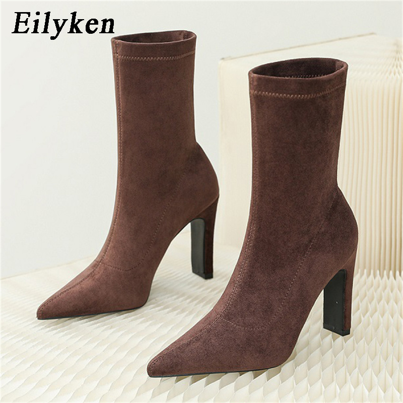 Sock Boot Women - Eilyken 冬厚いヒール靴下の群れの女性のブーツポインテッドトゥアンクルブーツセクシーな女性の靴プラスサイズ 34-42