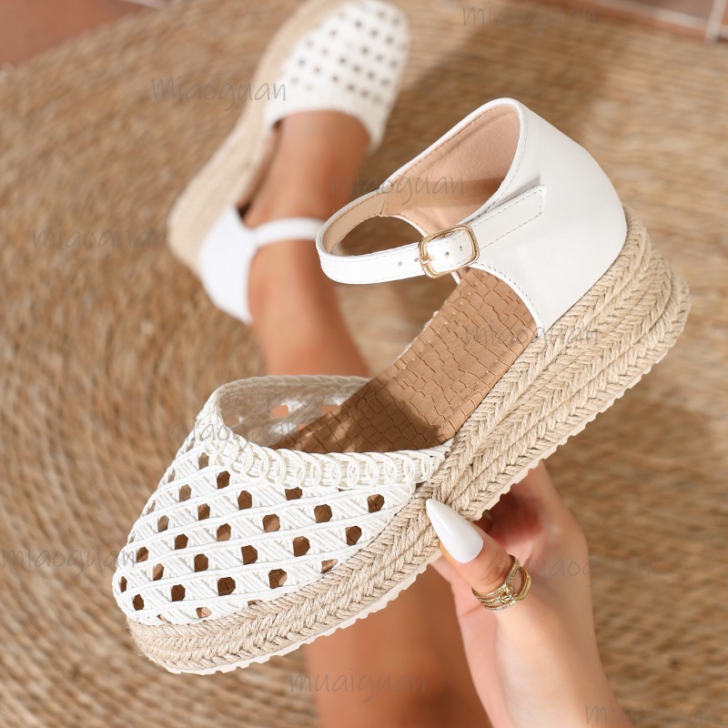 Espadrille Wedge Shoes - ボヘミアンスタイル レディース 中空編み込み エスパドリーユ ウェッジサンダル アンクルストラップ