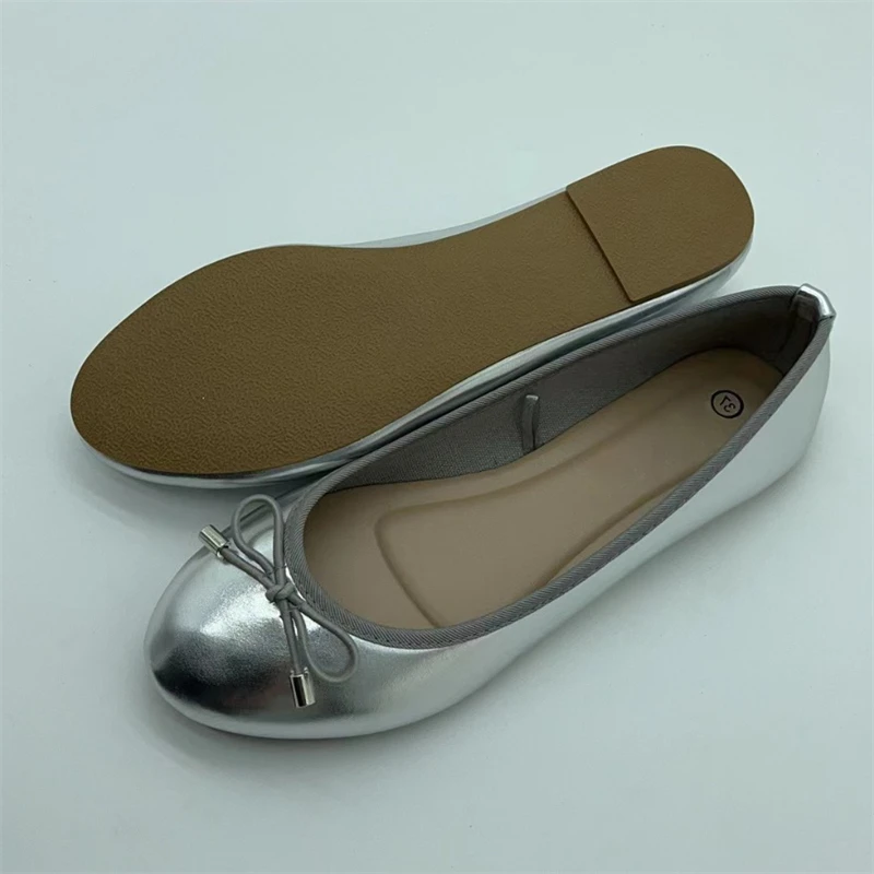 Women Shoes Ysl - Eilyken ファッションちょう結びラウンドトゥレディースフラットコンフォートスリッポンレディースバレリーナシングルエレガントミュールゴールドシルバーシューズ