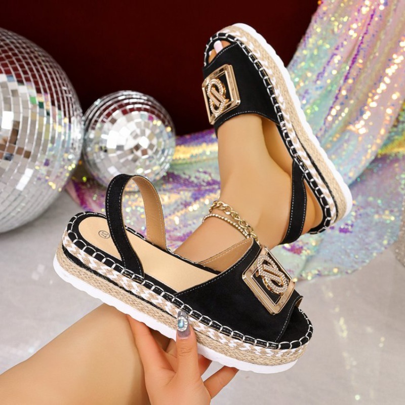 Espadrille Wedge Shoes - レディースプラットフォームエスパドリーユサンダルラインストーンメタルバックルオープントゥスリングバック夏のビーチカジュアルファッショナブルな履物新しい靴