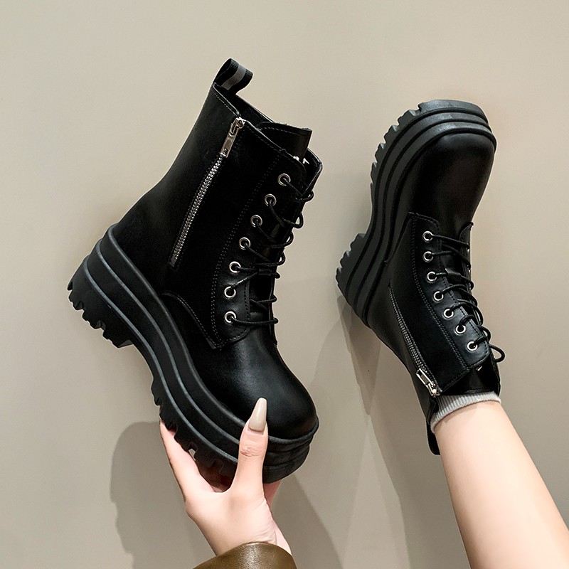 Sock Boot Women - 秋冬新サイドジッププラットフォームシングルブーツレディースファッションラウンドトゥフロントレースアップノンスリップショートホールブーツ