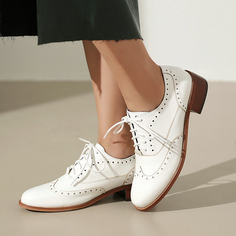 Oxford Lace Up Women - ブローグオックスフォードシューズ レディース レースアップ ローヒール PUレザー カジュアル
