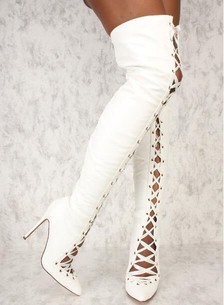 Ribbon Tie Heel - ファッション女性用白黒無地スエードクロスリボン付きニーハイブーツレディースポインテッドトゥスリム太もも丈ブーツ