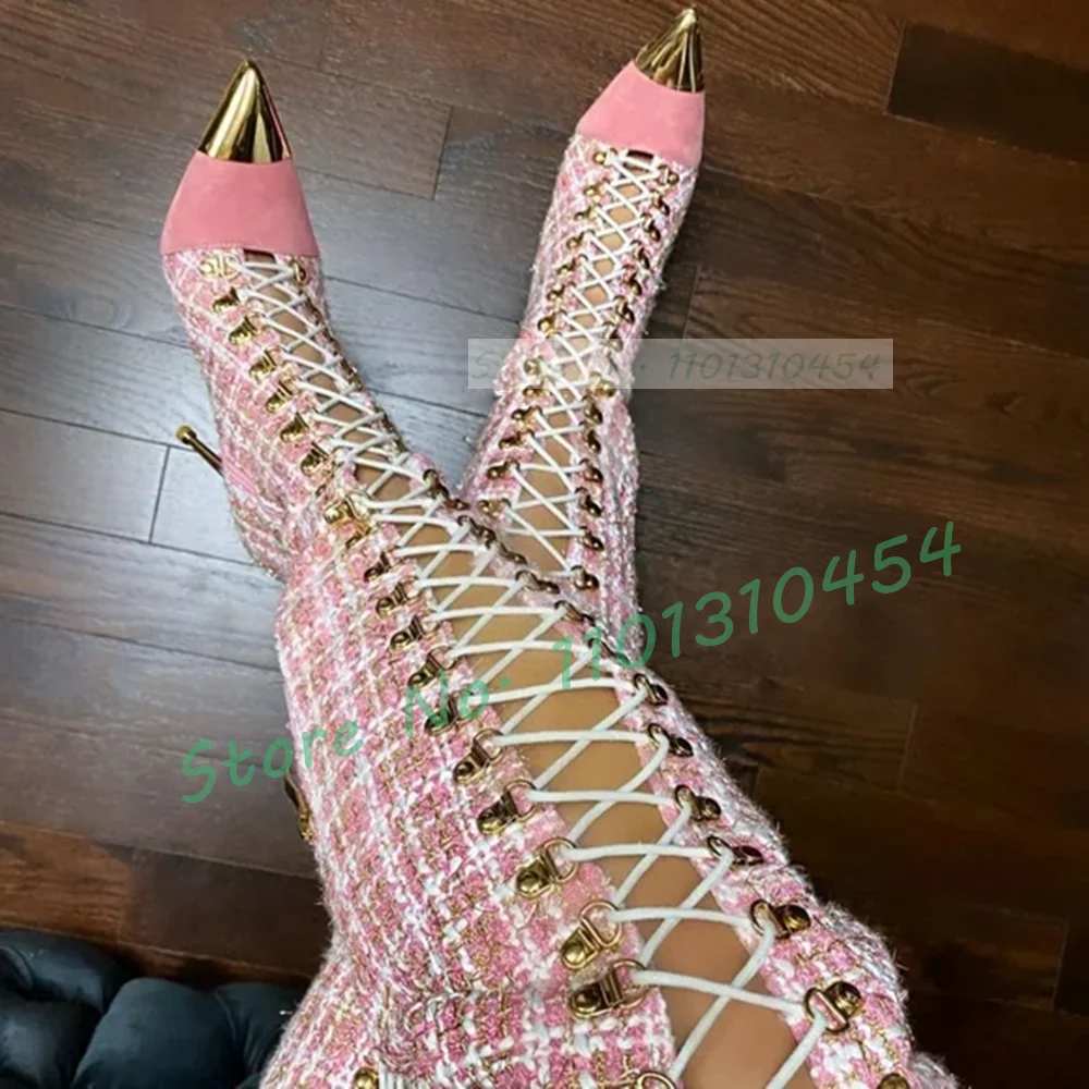 Sock Boot Women - 女性のためのピンクの市松模様のブーツ,pointyのつま先,ハイヒール,ファッショナブル,ifty,レザー,メタル,秋