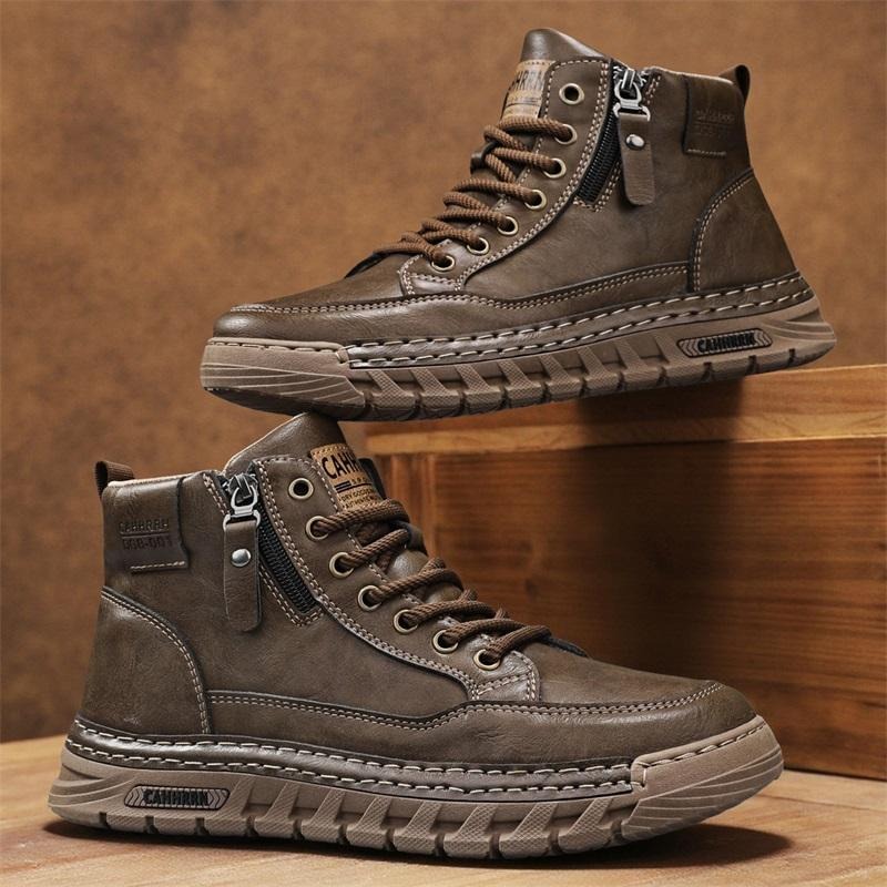 Suede Ankle Boot - 男性革ハイトップアンクルブーツ春冬男性オートバイブーツノンスリップ快適屋外トレッキングシューズウォーキングボタス Hombre