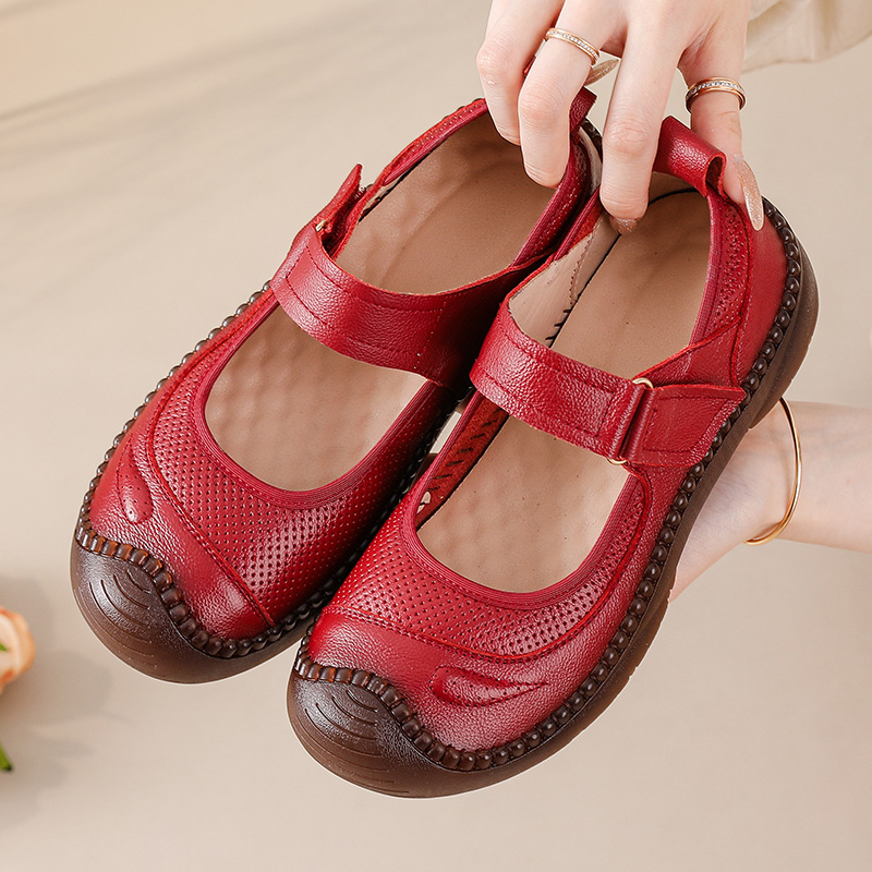 Women'S Shoes In The 90S - 新しい 90 年代レトロレッドメリージェーンフラット女性本革靴手作りモカシン女性クラッシュプルーフつま先ストラップ快適なローファーレディース