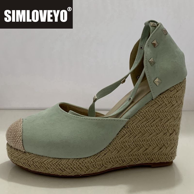 Espadrille Wedge Shoes - SIMLOVEYO エスパドリーユ女性ウェッジサンダルハイヒールリベット夏の靴プラットフォームアンクルストラップサンダル織りパーティーサンダル