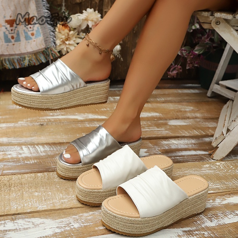 Espadrille Wedge Shoes - レディース ラッフル エスパドリーユ ウェッジ スライド サンダル