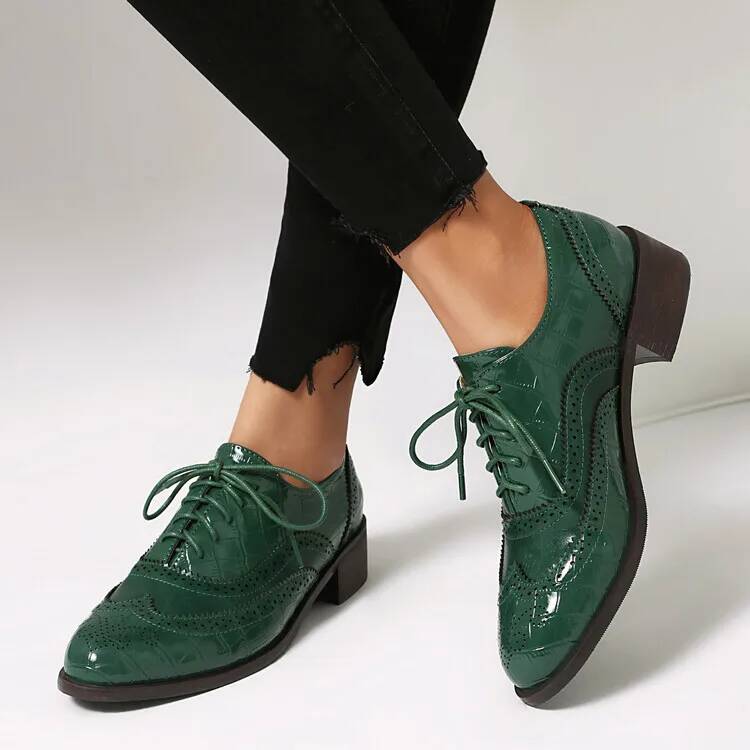 Oxford Lace Up Women - レースアップローヒールレディースシングルシューズ女性ラウンドヘッドブリティッシュカジュアルオフィスシューズ