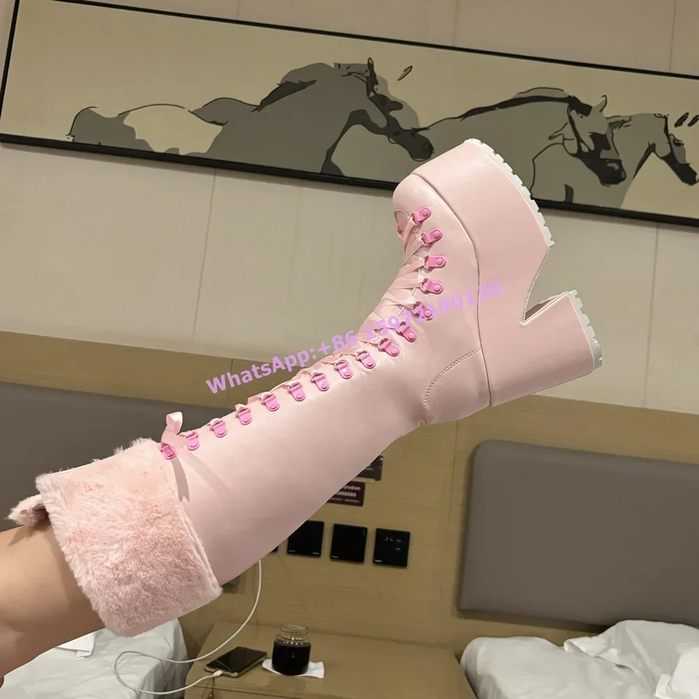 Ribbon Tie Heel - ピンクの毛皮のブーツ厚底レザーリボンクロス結びプラットフォーム冬用ニーハイブーツカスタマイズカラーファッション冬用暖かい靴