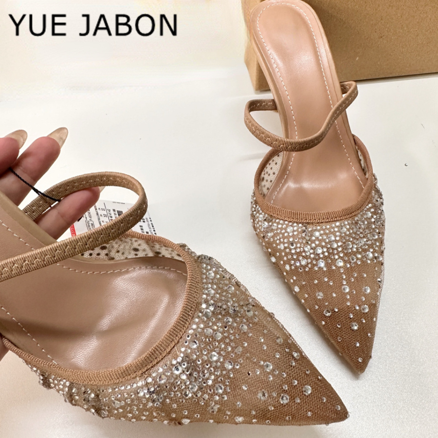 Women Shoes Ysl - メッシュラインストーンハイヒールサンダル女性ファッションデザイナースリングバック夏の靴女性グリッター宝石ポインテッドトゥパンプス女性