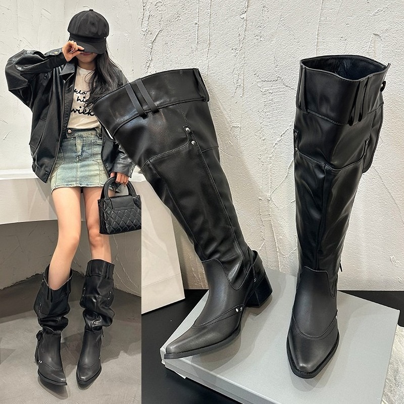 Suede Ankle Boot - ラップシングルブーツ女性春夏ポインテッドトゥスタッズメタルバックルサイドジッパーなし膝ブロックヒールブーツ
