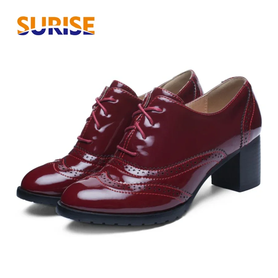 Oxford Lace Up Women - 女性用パテントレザーハイブロックヒール、パーティードレス用パンプス、オフィスレディ、レトロなブローグシューズ、英国のオックスフォード、青、赤、黒