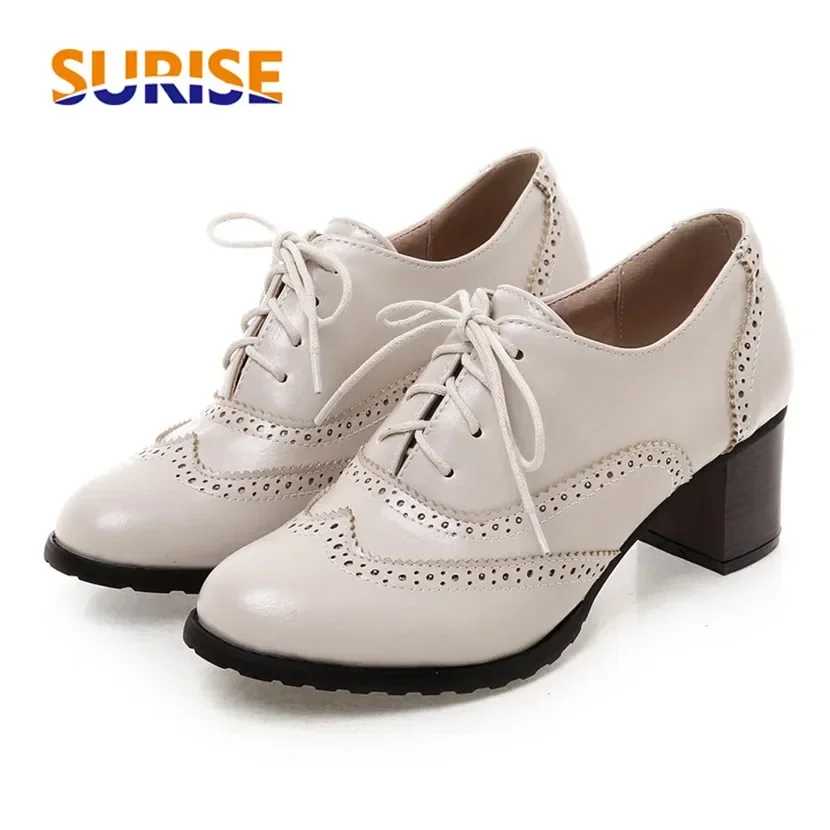Oxford Lace Up Women - 英国女性用オックスフォードハイブロックヒールウィングチップベージュブラックラウンドトゥブローグカジュアルオフィスレディレースアップレトロプレッピードレスフラットシューズ