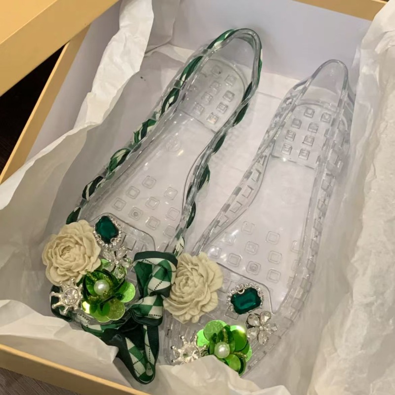 Women Shoes Sandals - 新しいスタイルのスクエアトゥオープントゥサンダル、フラットソールゼリースタイルシューズ DlY シューズ花柄手作りクリスタルとネット付き