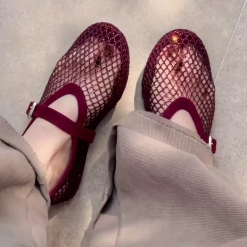 Women Shoes Sandals - 中空ラインストーンバオトウサンダル レディース 2026年新作 フィッシングネット通気性織りメリージェーンシングルシューズ