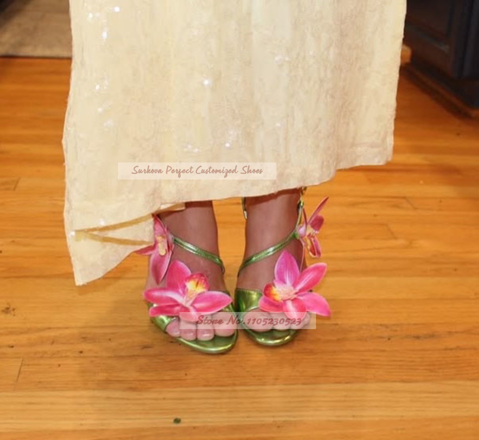 Women'S Shoes Yellow - メタリックマットスリングバックフラワーデコレーションハイヒールサンダルツイストストラップバックルイエローピンクブロッサム花嫁ドレスシューズエレガントパンプス