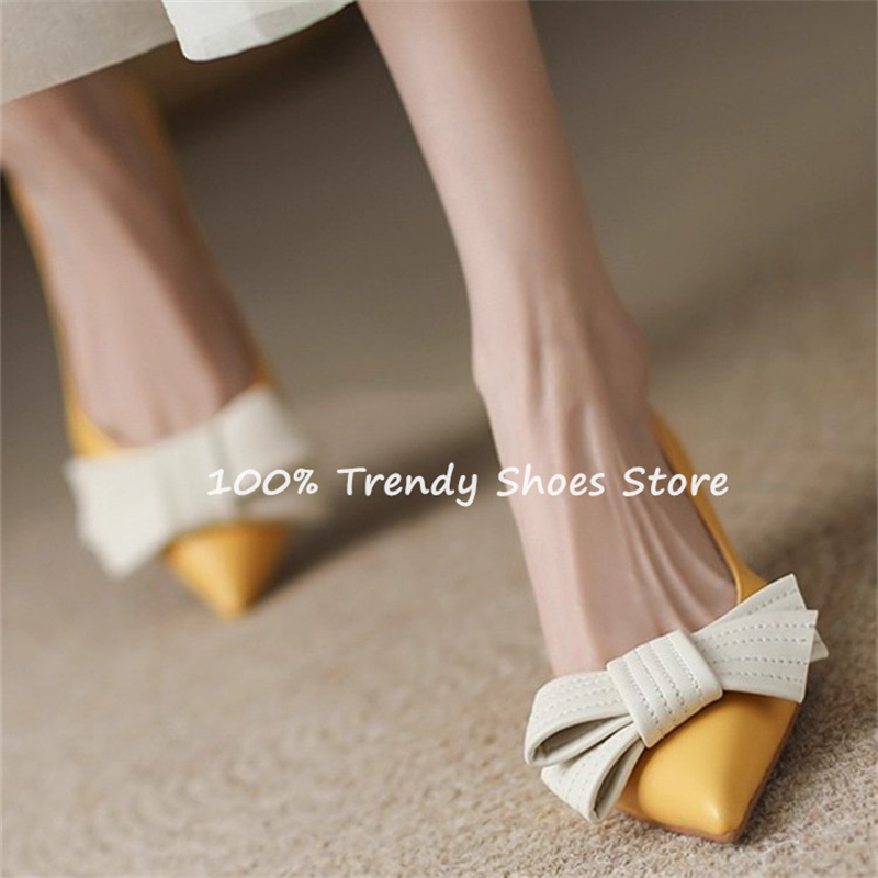 Women Shoes Sandals - バタフライノット装飾女性スリッポンパンプスフレンチスタイルエレガントなポインテッドトゥハイヒール浅いサンダルレディースパーティードレスシューズ