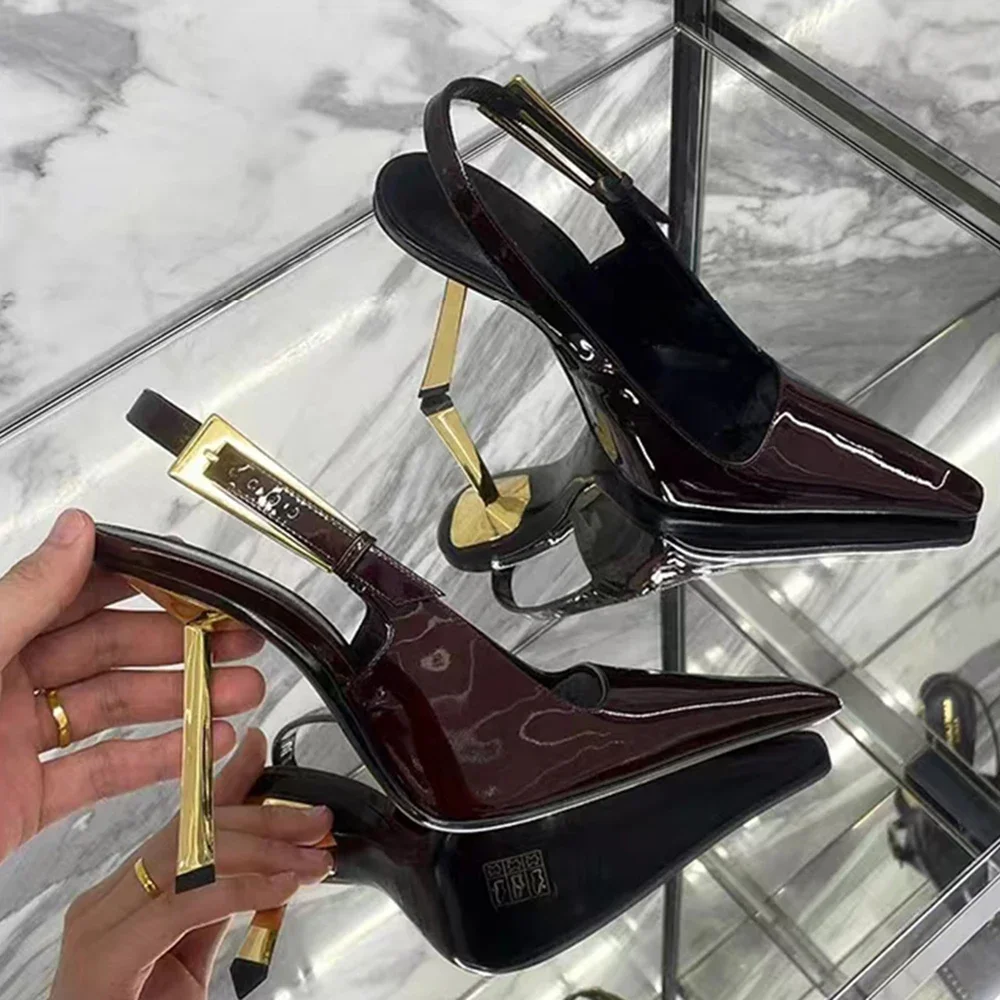 Women Shoes Ysl - 新しい秋 2024 スクエアトゥスリムヒールレトロつま先の女性の靴パテントレザーハイヒールサンダル
