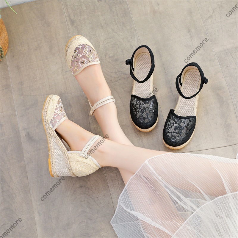 Espadrille Wedge Shoes - 女性のレースメッシュエスパドリーユウェッジサンダルアンクルストラップクローズドトゥプラットフォームシューズ通気性のあるサマーサンダル快適なサイズ41
