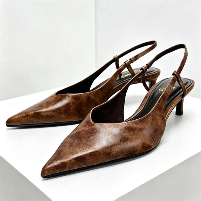 Women Shoes Brown Colour - レトロブラウン子猫ヒールデザイナーパンプス女性セクシーなポインテッドトゥバックストラップエレガントなハイヒールレディースコンフォートオフィスフォーマルシューズ