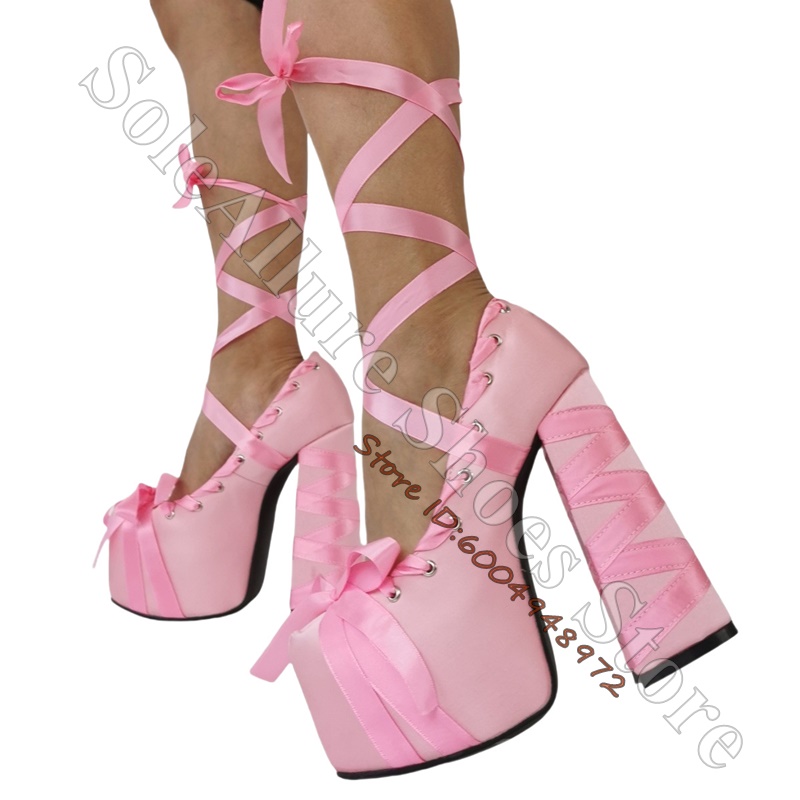 サテンリボンラッププラットフォームブロックヒールつま先リボン - Ribbon Tie Heel のレビューと価格