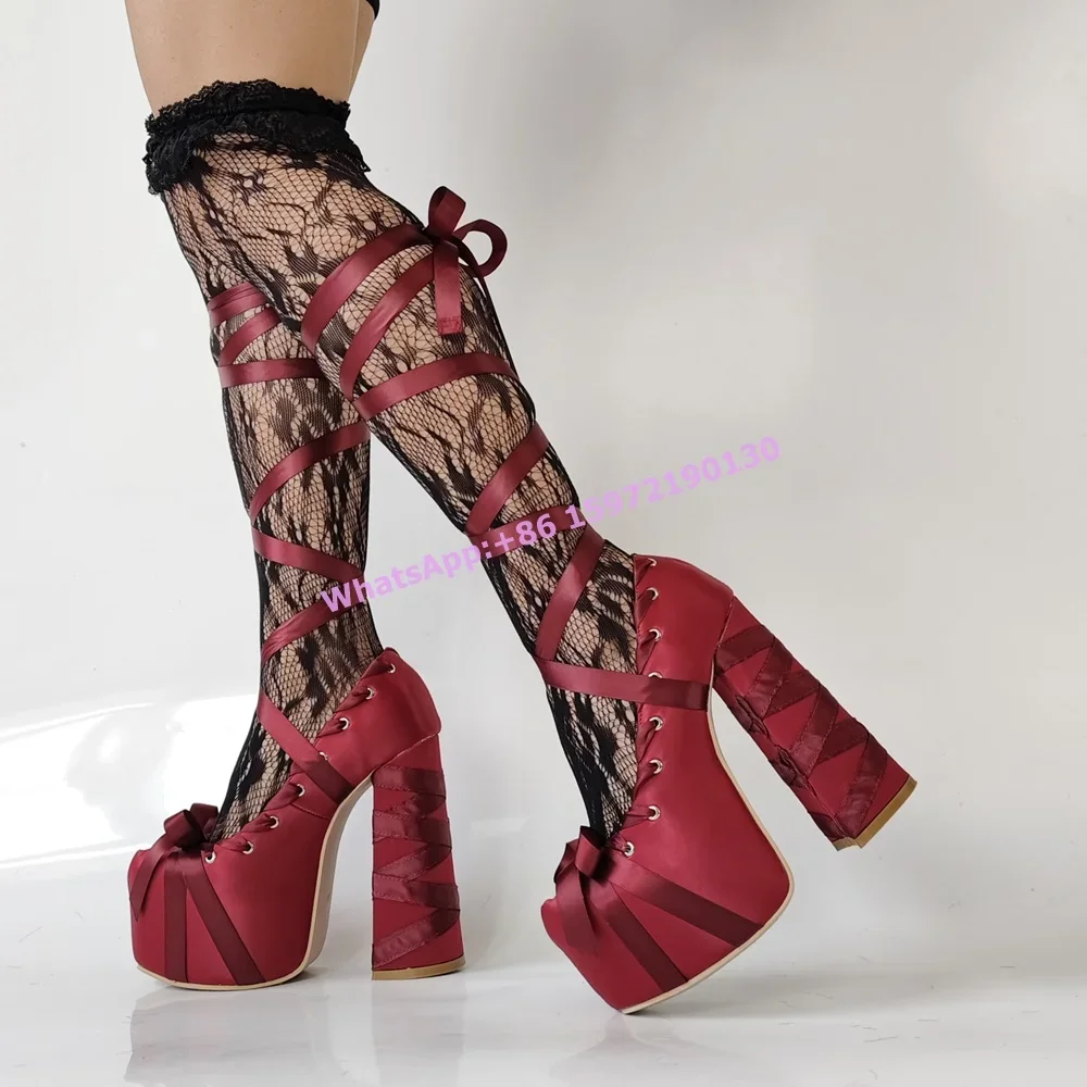 女性用の赤いサテンリボンプラットフォームパンプス,クロス,レ - Ribbon Tie Heel のレビューと価格