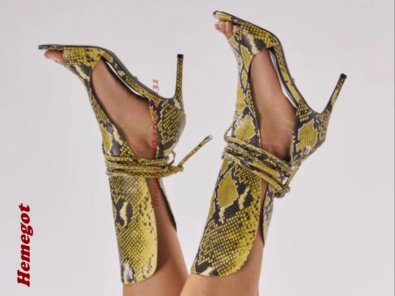 イエロースネークプリントグラディエーターサンダル、ピープトウ - Women'S Shoes Yellow のレビューと価格