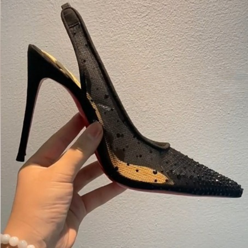 メッシュラインストーン付きリアオープンスティレットヒールレデ - Platform Mule Heel のレビューと価格