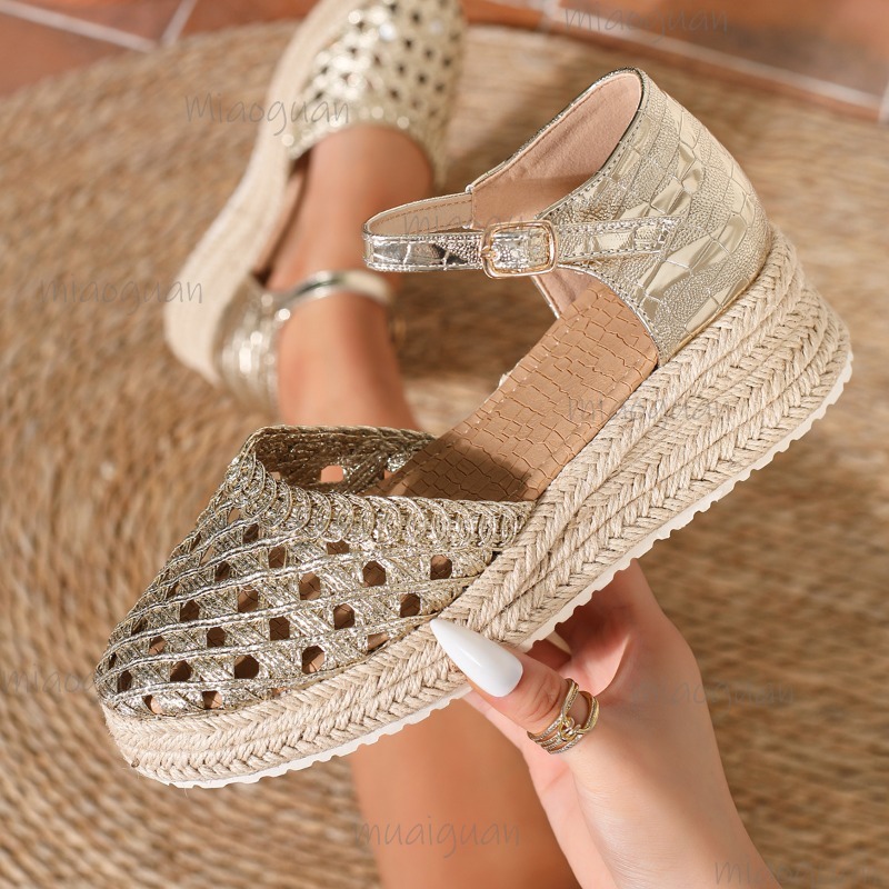 ボヘミアンスタイル レディース 中空編み込み エスパドリーユ - Espadrille Wedge Shoes のレビューと価格