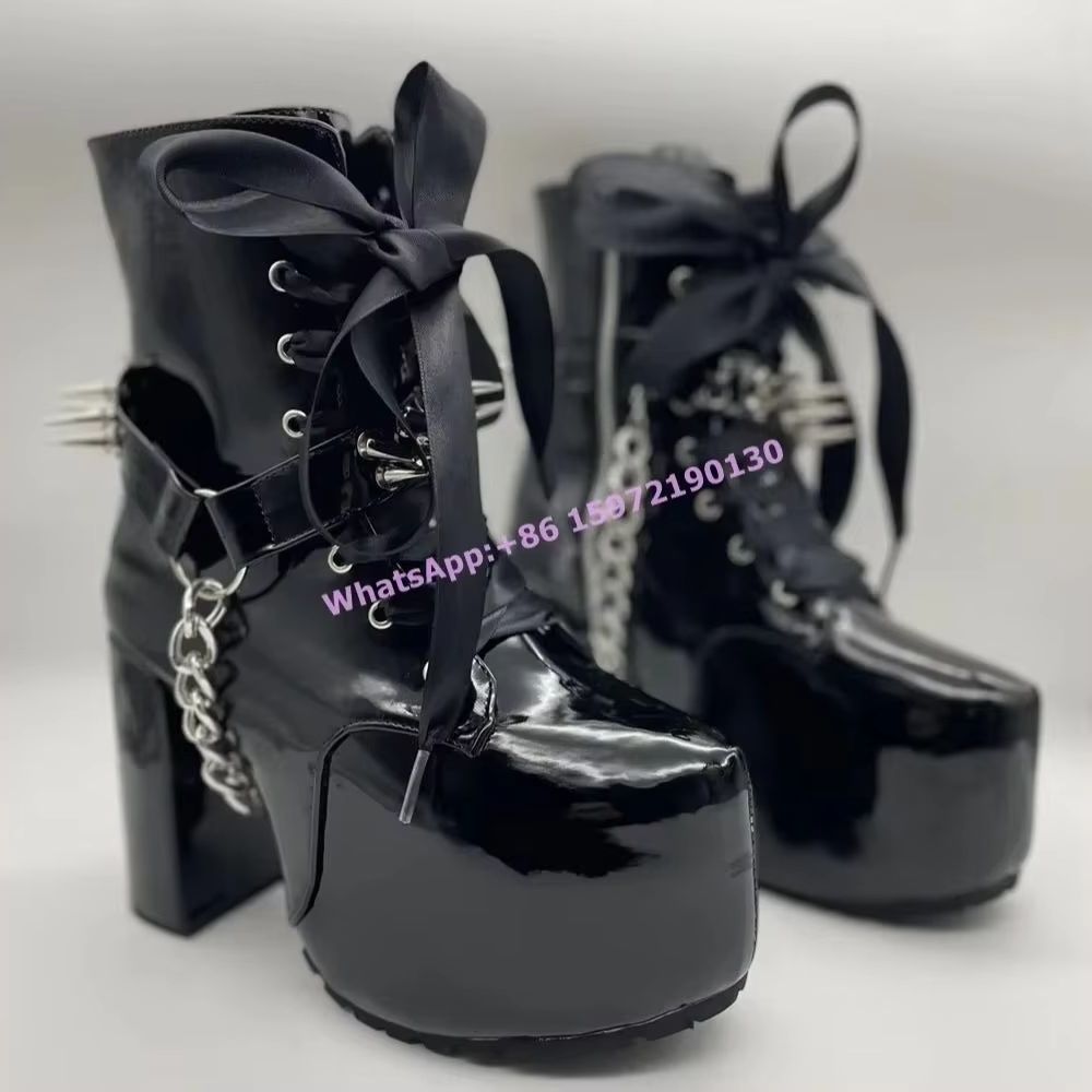 リボンタイドリベットブラックブーツダークパンクメタルチェーン - Ribbon Tie Heel のレビューと価格