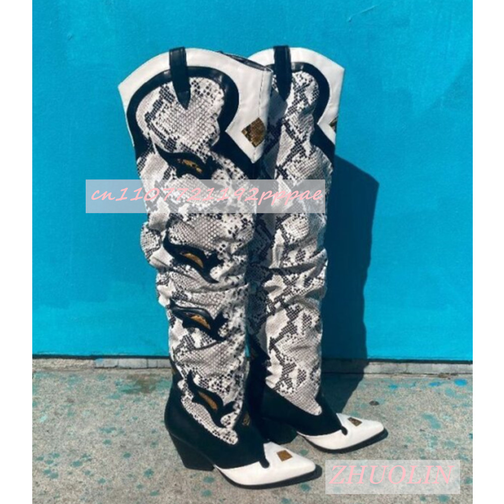 冬刺繍入りスネーク柄オーバーザニーブーツポインテッドトゥ太い - Sock Boot Women のレビューと価格