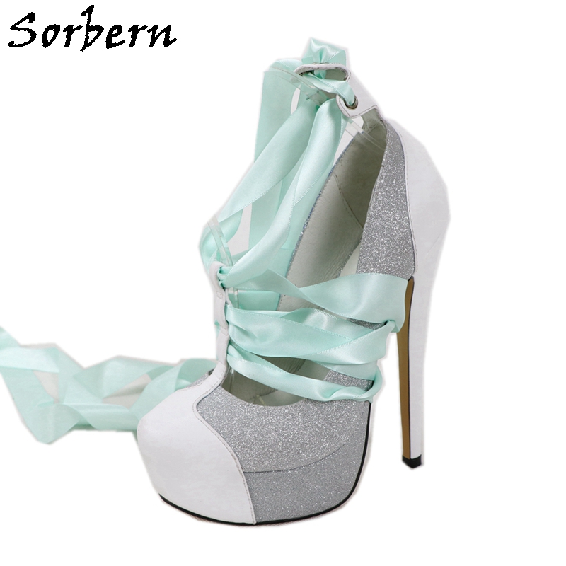 Sorbern ホワイトリアルレザー女性パンプスグリッターシ - Ribbon Tie Heel のレビューと価格