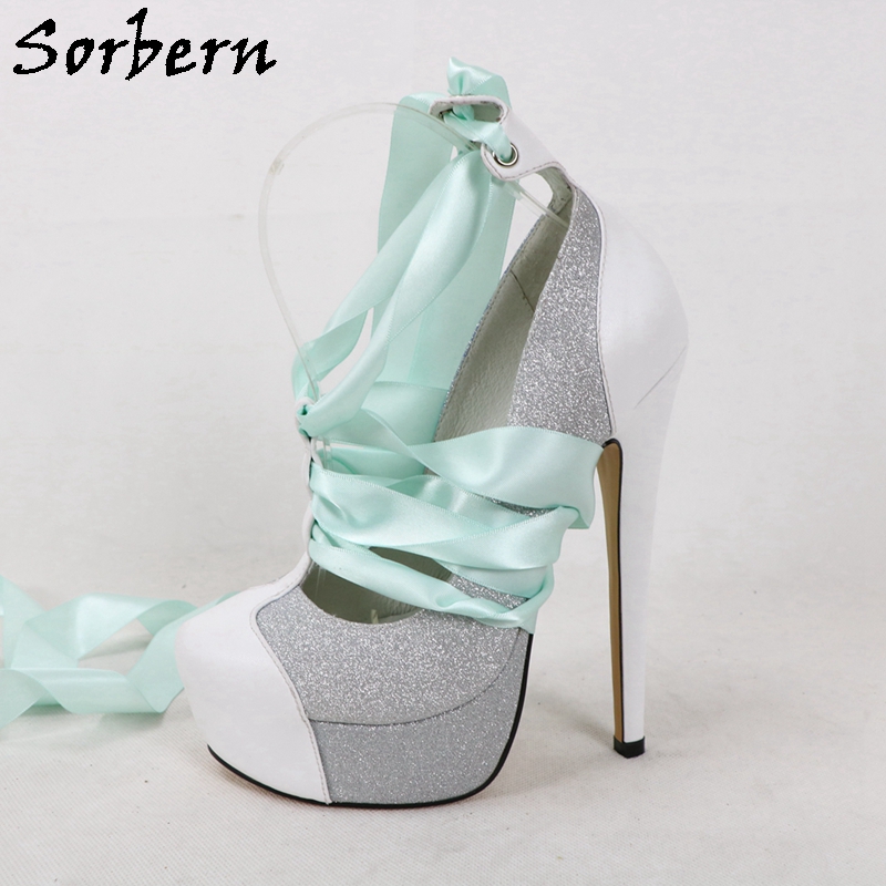 Sorbern ホワイトリアルレザー女性パンプスグリッターシ - Ribbon Tie Heel のレビューと価格