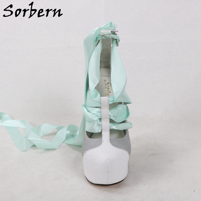 Sorbern ホワイトリアルレザー女性パンプスグリッターシ - Ribbon Tie Heel のレビューと価格