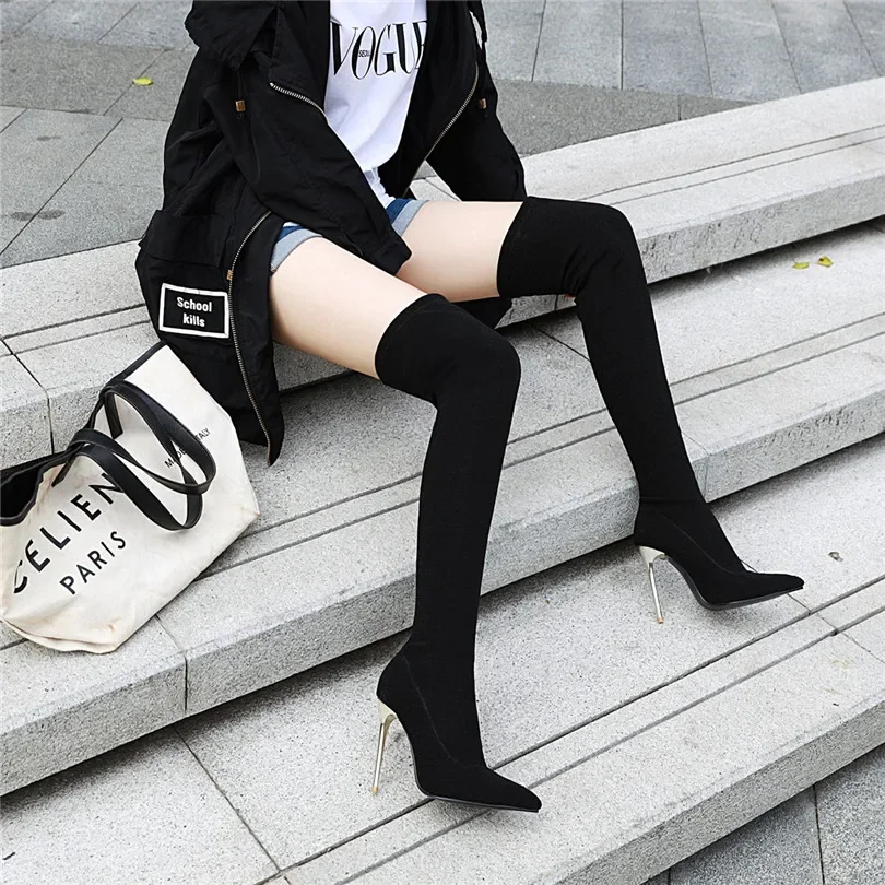 女性用ヒョウオーバーニーソックスブーツ、先のとがったつま先、 - Sock Boot Women のレビューと価格