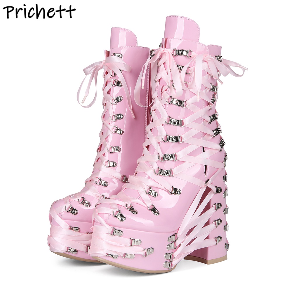 ブラックピンク クロスストラップ アンクルブーツ リボン メ - Ribbon Tie Heel のレビューと価格