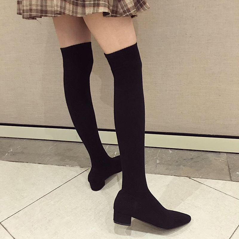 黒のローヒールシューズ、女性用ストレッチソックス、オーバーニ - Sock Boot Women のレビューと価格