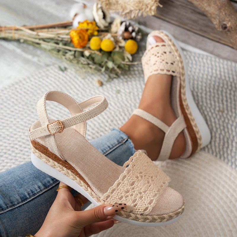 女性用レースウェッジサンダル、エスパドリーユプラットフォーム - Espadrille Wedge Shoes のレビューと価格
