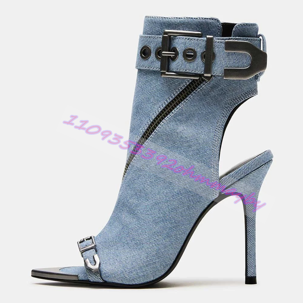 夏ブルーデニムポインテッドトゥブーツ女性用オープントゥレザー - Suede Ankle Boot のレビューと価格