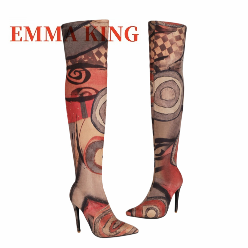レディースアートプリント太もも丈ブーツ、ポインテッドトゥステ - Sock Boot Women のレビューと価格
